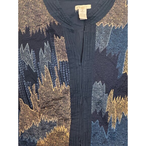 Chicos Open Front Jacket Women’s Size 2 Navy & Beige Textured Pattern Cotton Ble - Picture 3 of 8